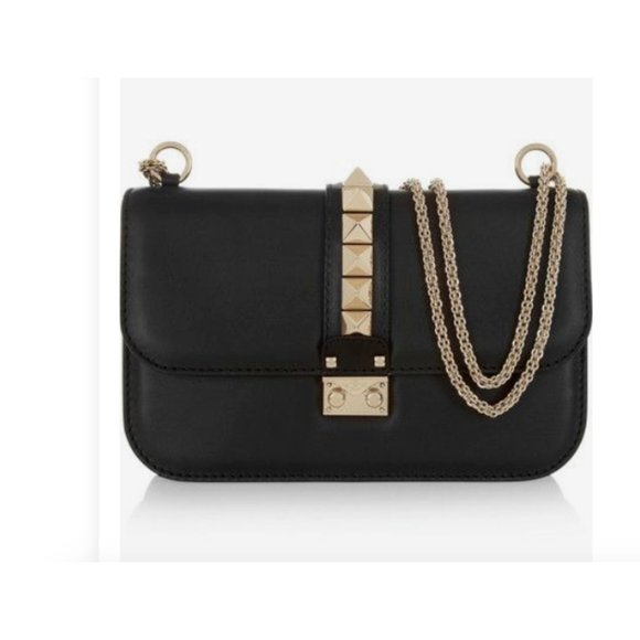Valentino Handbags - Valentino Rockstud Shoulder Bag Black Leather Glam Lock Chain Gold